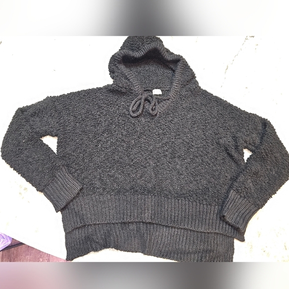 POL Sweaters - POL Black Textured Knit Hoodie Sweater Women’s Size S Cozy Boho Pullover
